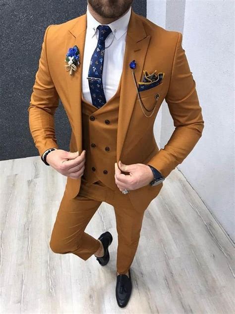 Men's Mustard Yellow 3 Piece Prom Suit Slim Fit Wedding Wear One Button ...