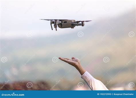 Drone Copter Flying with Digital Camera Near Hand. Stock Image - Image of helicopter, digital ...