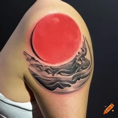 Tattoo design of a red moon reflecting on the sea