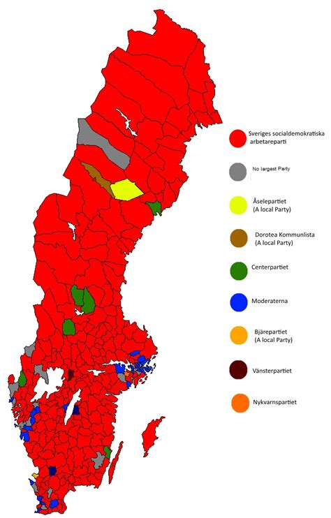 Most elected party in each swedish Municipality(2014 election) [654x1024] : MapPorn