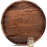 MAGIGO 24 Inches Extra Large Round Black Walnut Wood Ottoman Tray with Handles, Serve Tea ...