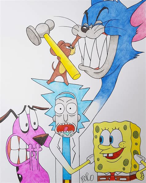 A collection of some cartoon characters in coloured pencil : r/drawing