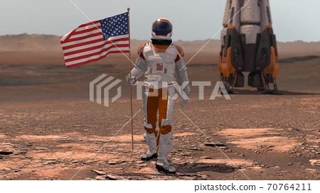 Astronaut walking on Mars with American flag. - Stock Illustration [70764211] - PIXTA