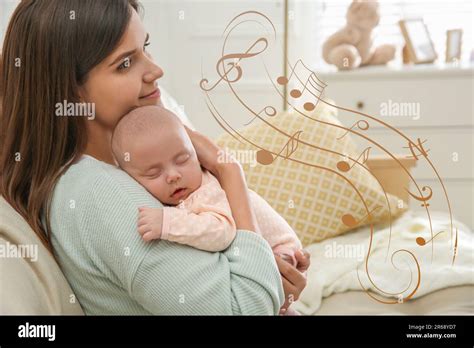 Mother singing lullaby to her baby at home. Music notes illustrations flying near woman and ...