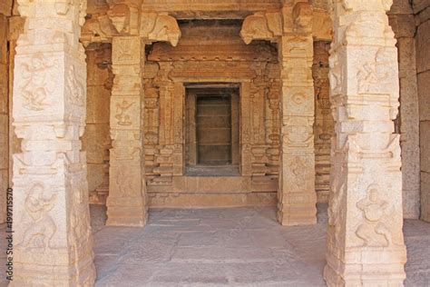 Decorative pillars from granite in mandappa or Hall. Hazara Rama Temple Hampi, Karnataka. Stone ...