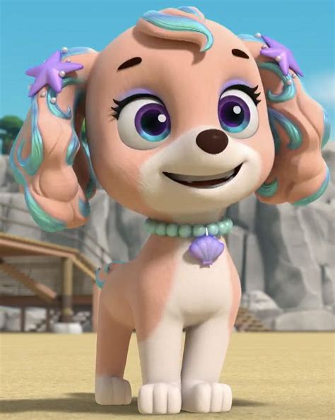 a cartoon dog with blue eyes and purple hair standing in front of a ...