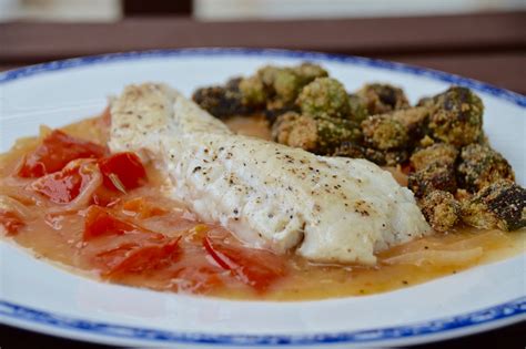 Tautog with Creamy Tomatoes and Cornmeal Fried Okra - My Fishing Cape Cod