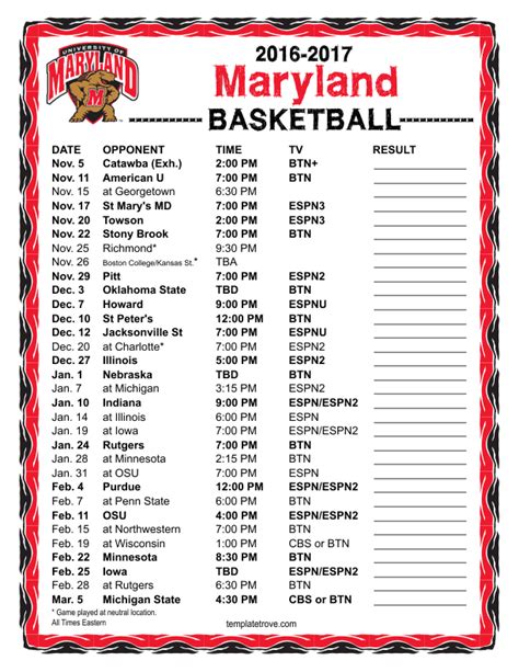 Printable 2016-2017 Maryland Terrapins Basketball Schedule