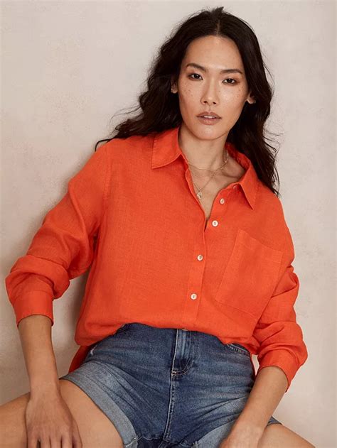 Mint Velvet Linen Shirt, Orange, XS