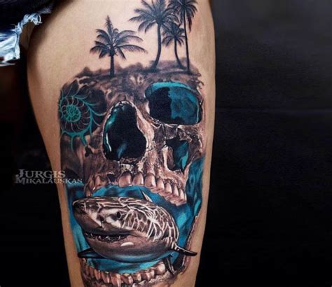 Skull and Shark tattoo by Jurgis Mikalauskas | Post 21009