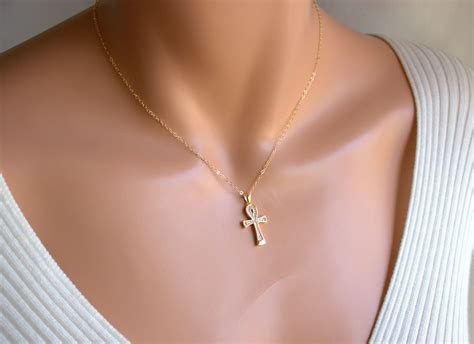 Gold Ankh Pendant Necklace Women Charm Crystals Aunk Ankh Egyptian Jewelry