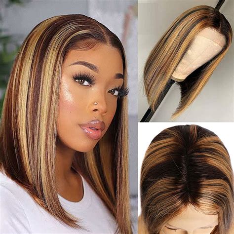 Buy 12Inch Ombre Blonde Human Hair Wig Short Bob Highlight Human Hair ...