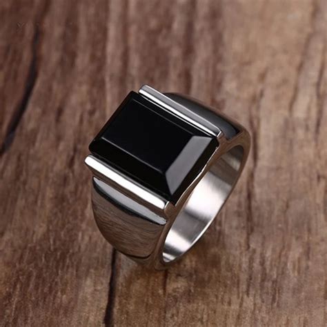 Mens Rings Metal Punk Gothic Ring for Man Black Stone 316L Stainless Steel Charm Wedding Band ...