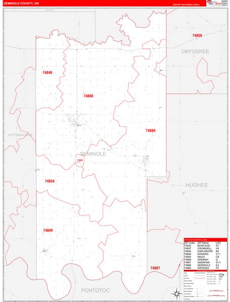 Seminole County, OK Zip Code Wall Map Red Line Style by MarketMAPS - MapSales