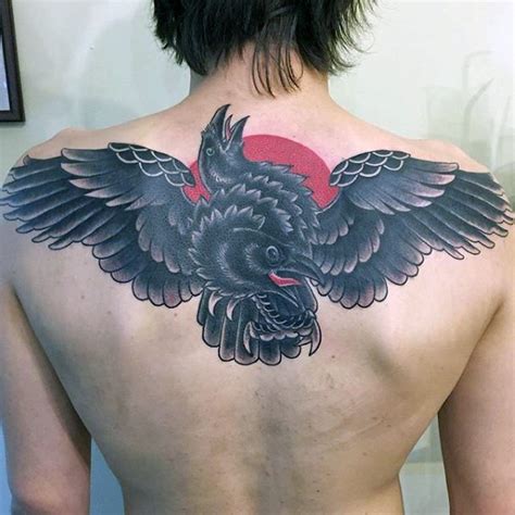 Unusual painted colored crow with two heads tattoo on upper back - Tattooimages.biz