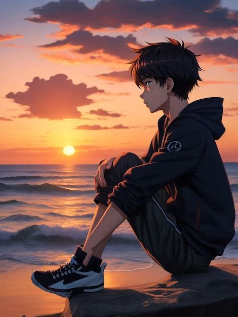 Premium AI Image | Artistic image of Boy anime on the beach watching sunset