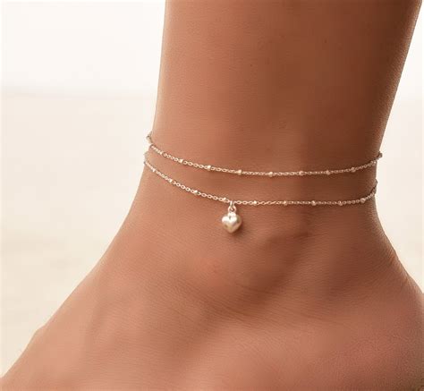 Heart Ankle Bracelet, Silver Anklets for Women, Anklet, Boho Anklet, Anklet Set, Heart Anklet ...