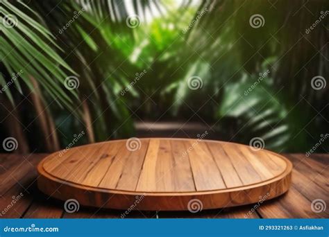 Close Up of Empty Wooden Round Table on Blurred Forest Background. Mockup for Product Display ...