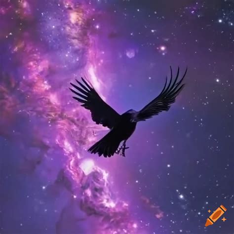 Purple crow flying in space