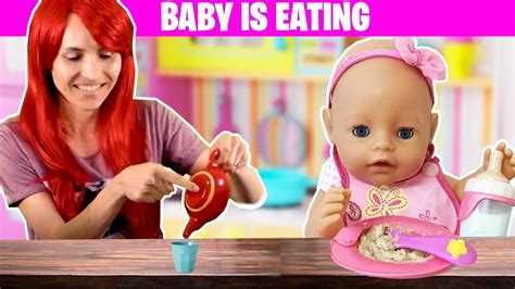 Super funny breakfast with Baby Doll. Playing cooking and eating with toys. - YouTube