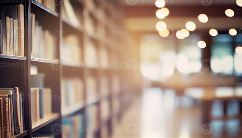 Abstract blurred public library interior space. blurry room with bookshelves by defocused effect ...