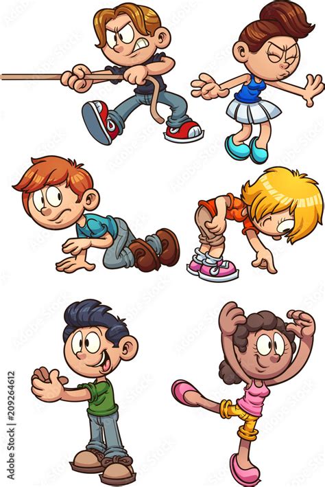 Cartoon kids performing different actions. Vector clip art illustration ...