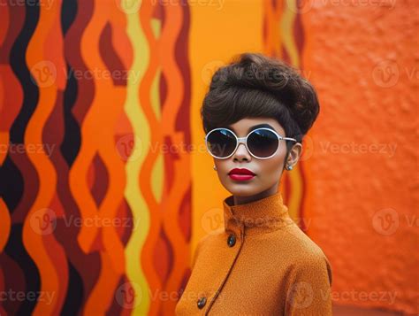 Serious african lady in orange blouse standing in front of purple wall ...