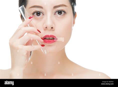 fashion asian woman red lips nail and holding chemistry test lab tube ...