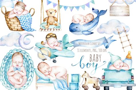 Watercolor Newborn Baby Boy Clipart, It's a Boy! Clipart Set (809560 ...
