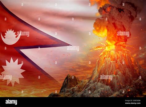 stratovolcano blast eruption at night with explosion on Nepal flag ...