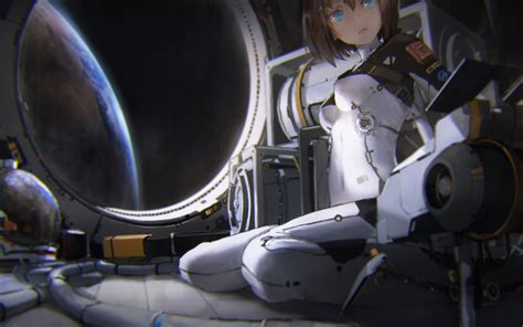 Safebooru - 1girl blue eyes bodysuit brown hair highres hose indoors novelance original planet ...