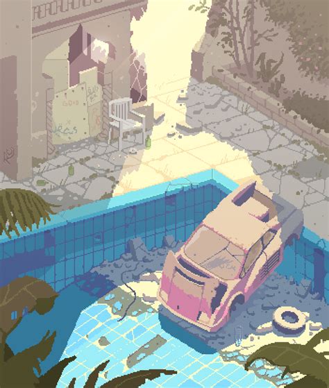 a pink car is parked in the middle of a blue pool with trees and bushes around it