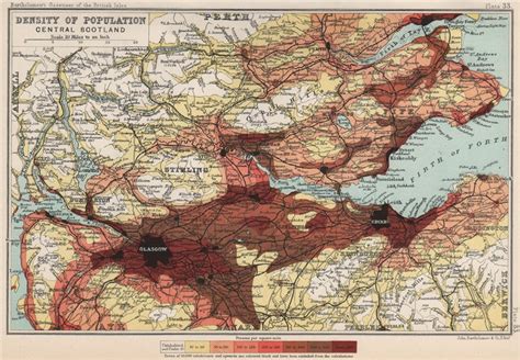 CENTRAL SCOTLAND. Density of population. BARTHOLOMEW 1904 old antique map
