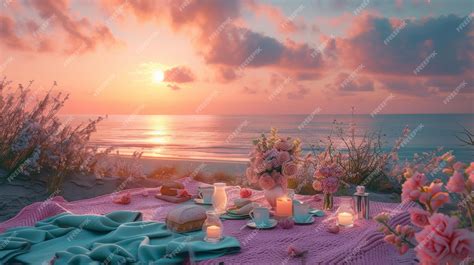 Premium Photo | Sea picnic experience set up an outside table at sunset on the beach