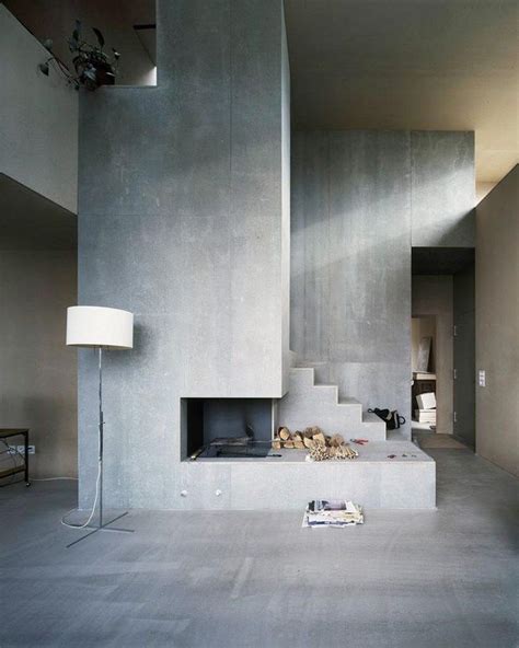 pared hormigon expuesto chimenea salon ideas | Minimalist fireplace ...