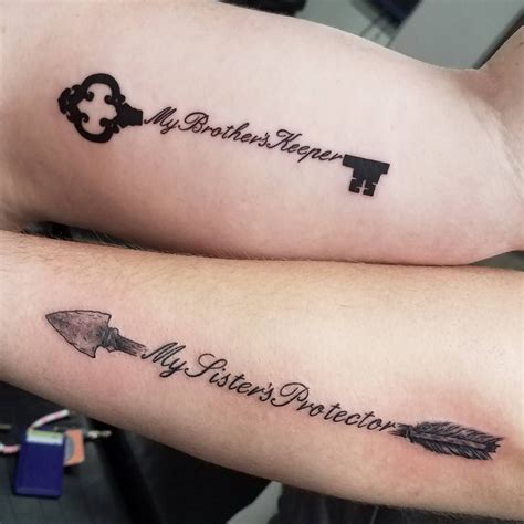 two people with tattoos on their arms that say my brother, my sister, and i love you