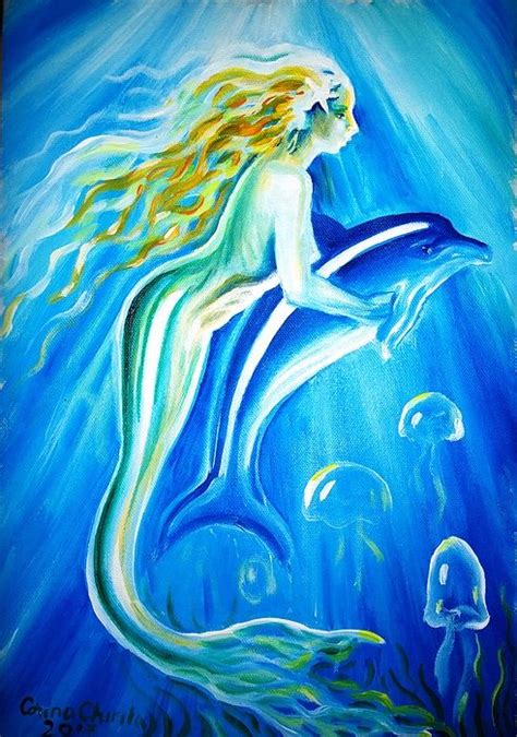 A mermaid embracing a dolphin, painting | Dolphin painting, Dolphin drawing, Painting