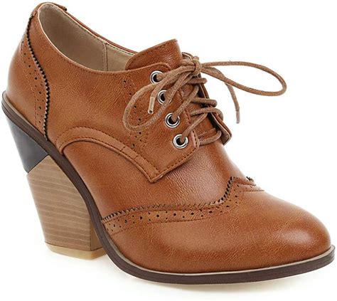 High heels for women Women's Pointed Toe Lace Up Oxford Pumps Wingtips Chunky High Heeled Wedge ...