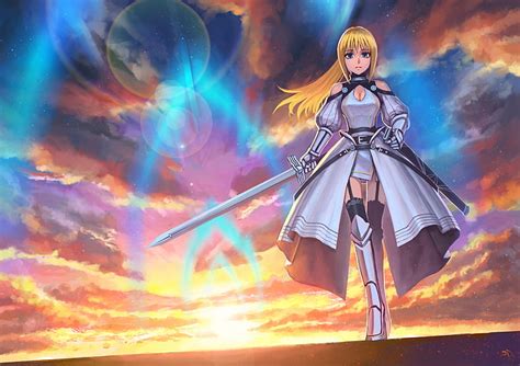 Online crop | HD wallpaper: anime, anime girls, sunset, armor, sword, weapon, sky, clouds ...