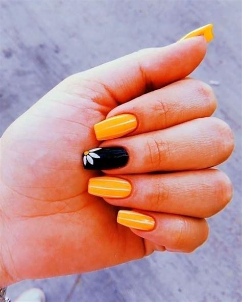 Cute mustard yellow nails with an accent black sunflower nail design ...