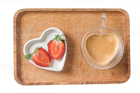Brown tray with strawberries and coffee milk isolated on a transparent ...