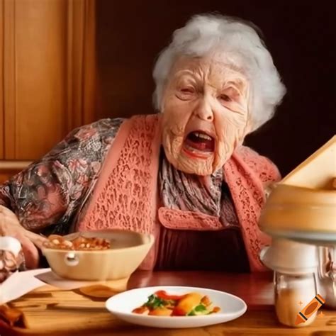 Funny picture of a grandma cooking with unconventional ingredients on Craiyon