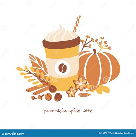 Cute Vector Illustration Pumpkin Spice Latte. Stock Vector - Illustration of latte, flat: 160522634