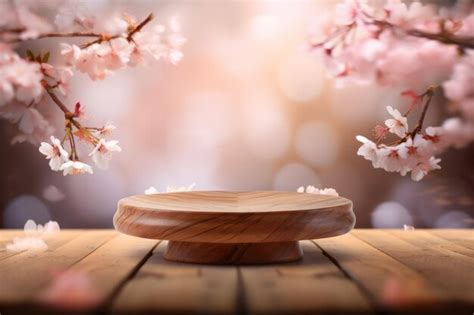 Premium Photo | Wooden table top product display with cherry blossom ...