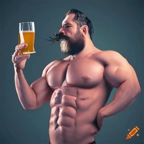Humorous illustration of a strong man drinking beer