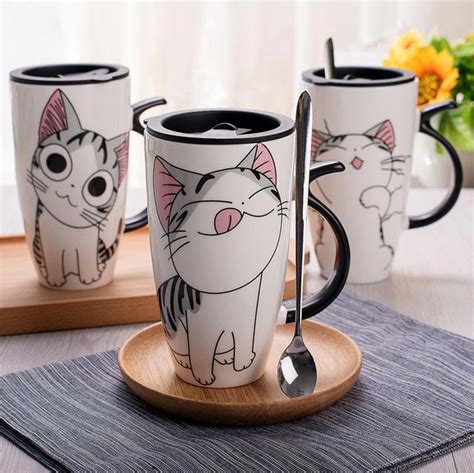 Cute Cat Style Ceramic Mug with Lid and Spoon for Milk Coffee Tea ...