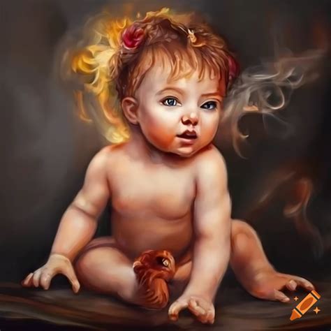 Oil painting of a cute baby with dragon features on Craiyon