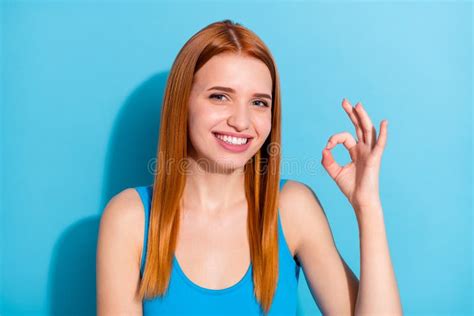 Photo Portrait Red Haired Woman Wearing Pretty Singlet Showing Okay Gesture Isolated Pastel Blue ...