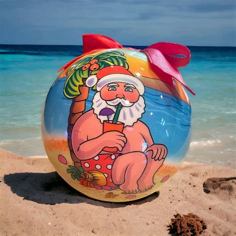 Santa on the Beach Christmas Ornament Doublesided Shatterproof Sipping a Cocktail Hawaii Palm ...