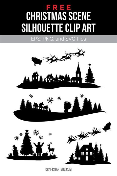 Free Christmas Scene Silhouette Clip Art | Santa's Sleigh, Reindeers, and Trees